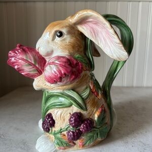 Fitz & Floyd Blackberry Rabbit Pitcher EUC Easter Bunny Cottage Core Decor 8.5”